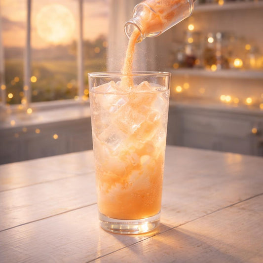 Dreamsicle orange cream loaded tea powder being poured into iced drink in cozy magical kitchen setting
