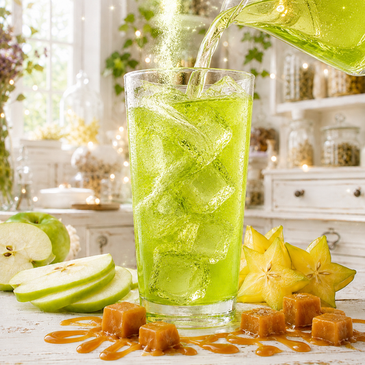 Hex Brew green apple loaded tea pouring over ice with caramel apple styling