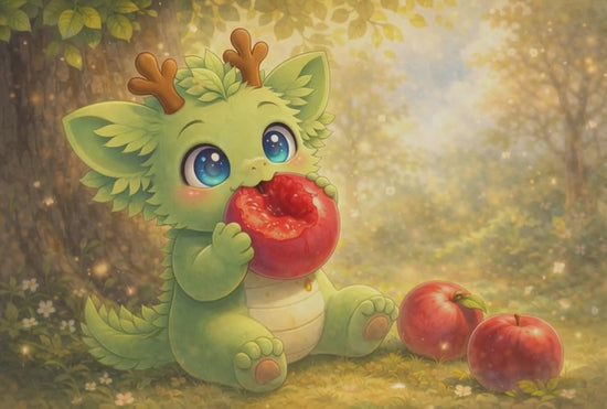 Spriggle Teafarious mascot eating a red plum 