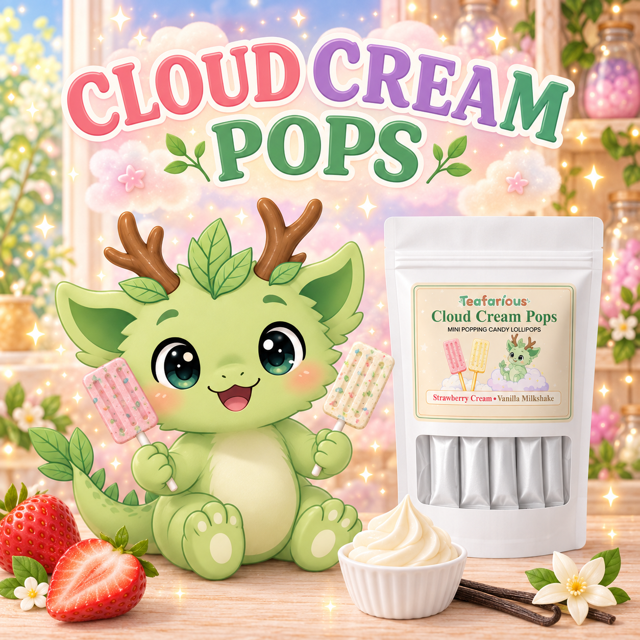 Cloud Cream Pops – Strawberry & Vanilla Milkshake Popping Candy Lollipops