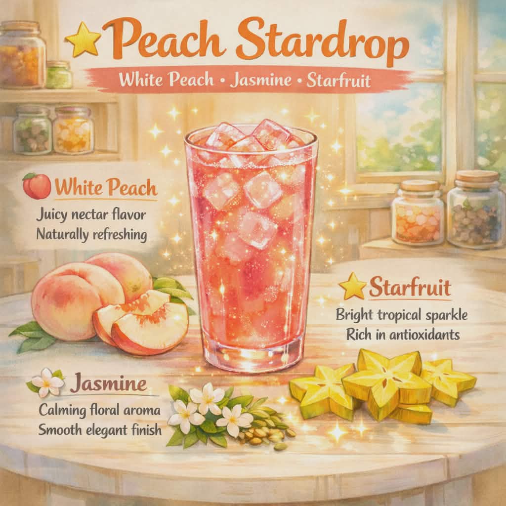 Peach Stardrop drink with ingredients on a wooden table