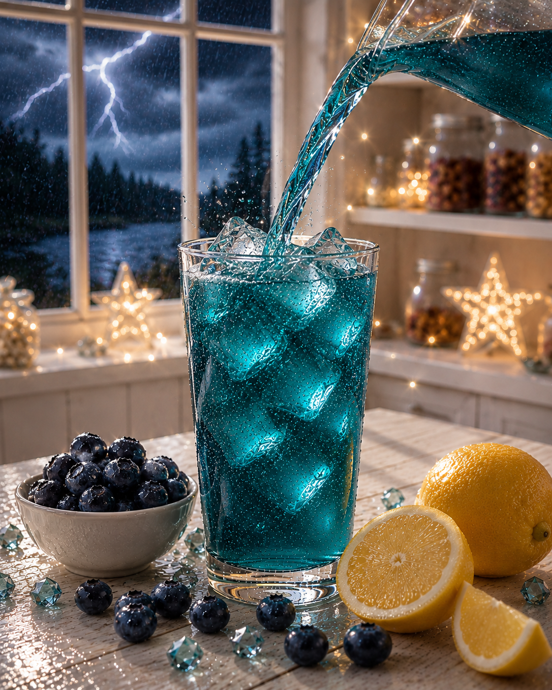 Deep blue Stormy Nights blueberry loaded tea pouring over ice