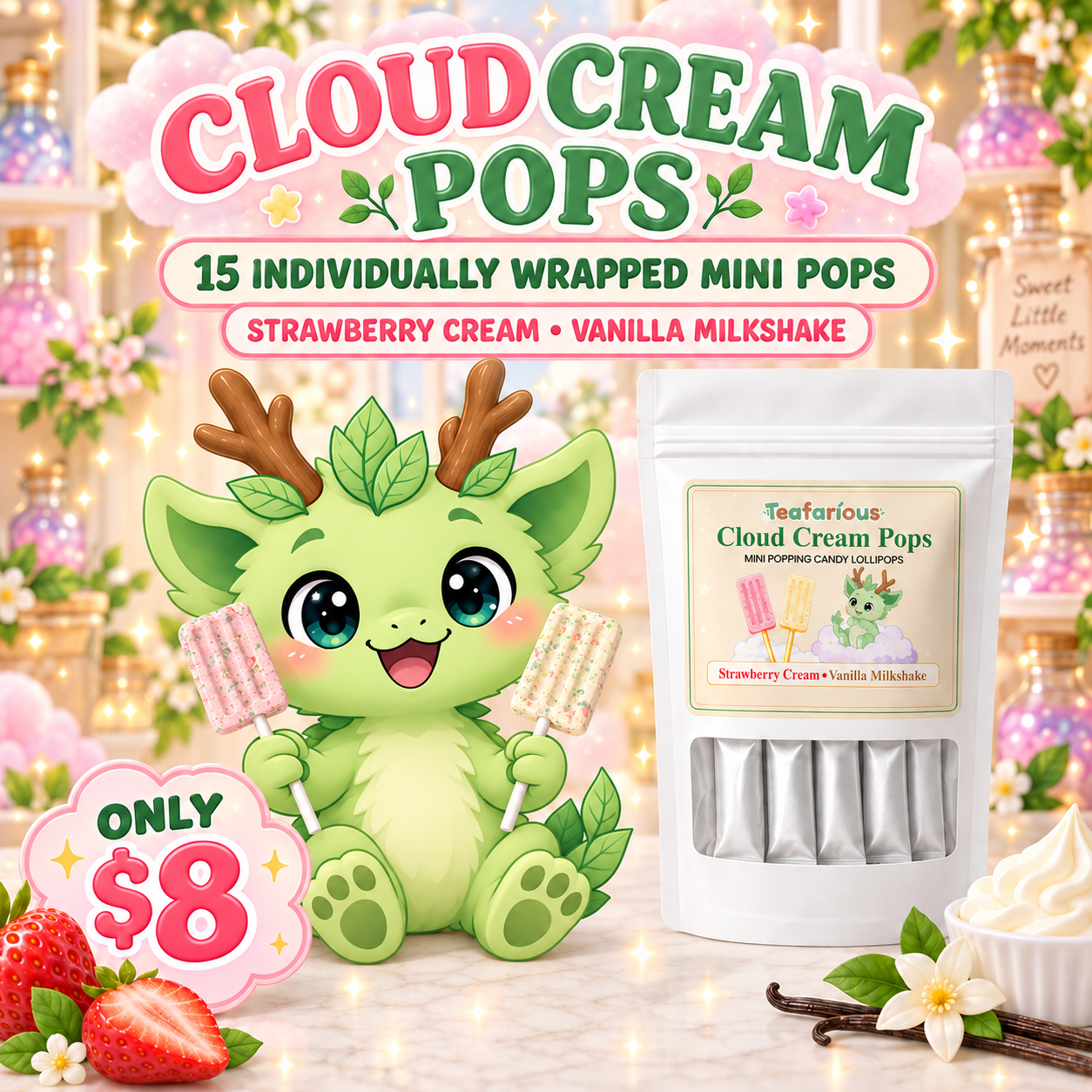 Cloud Cream Pops – Strawberry & Vanilla Milkshake Popping Candy Lollipops